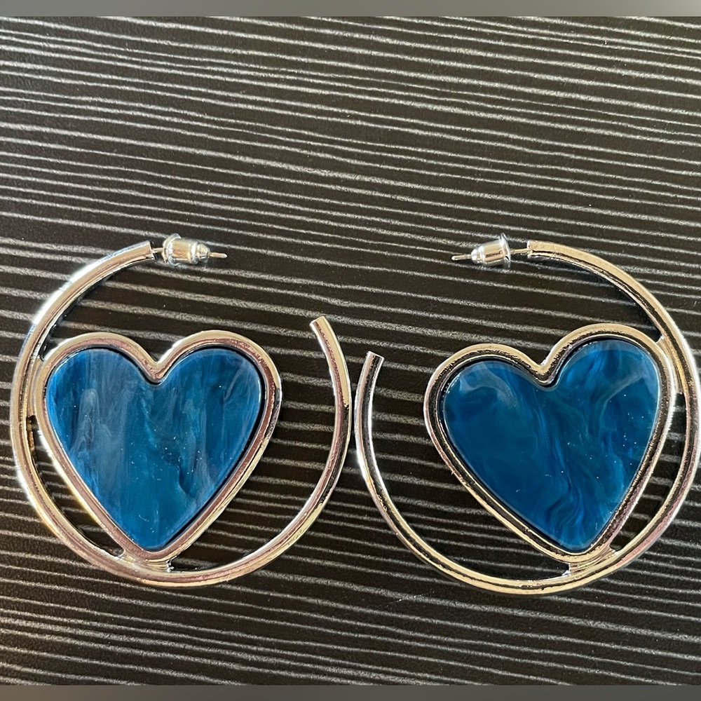 Blue heart hoop earrings